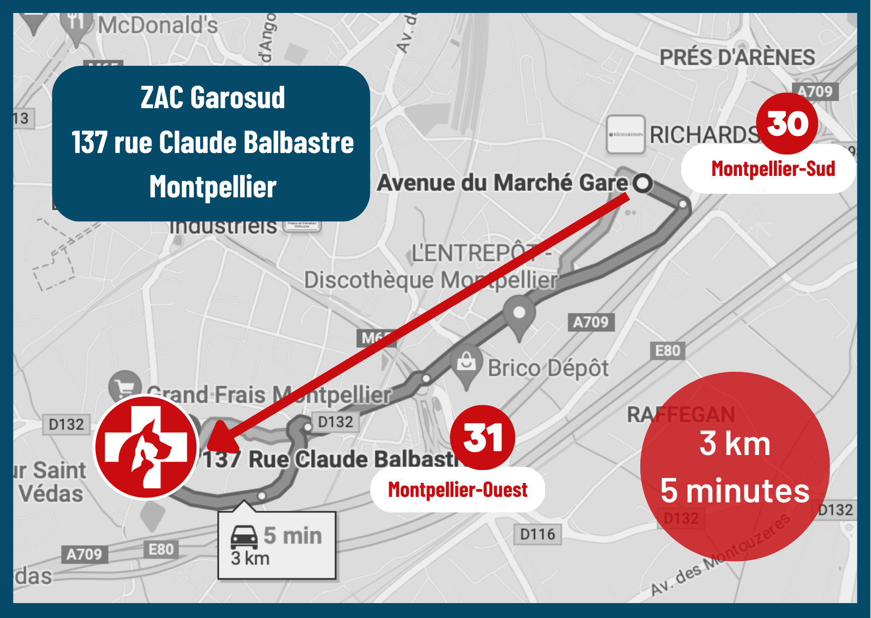Plan nouvelle clinique urgence vétérinaire Montpellier Accès à la nouvelle clinique urgence vétérinaire Montpellier