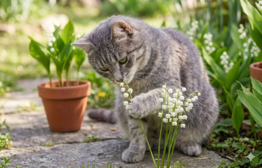 Un chat qui mange un muguet